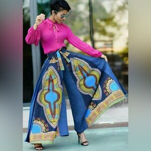 Kara Chic Denim Dashiki Print Palazzo Super Wide Leg Pants Tie Front Size OSFM